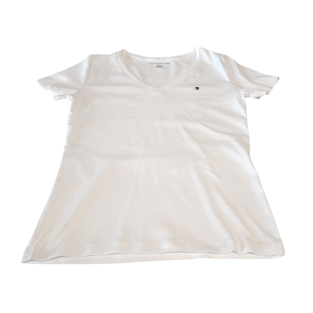 Tommy Hilfiger V-Neck T-Shirt Womens Small White Short Sleeve Logo Tee